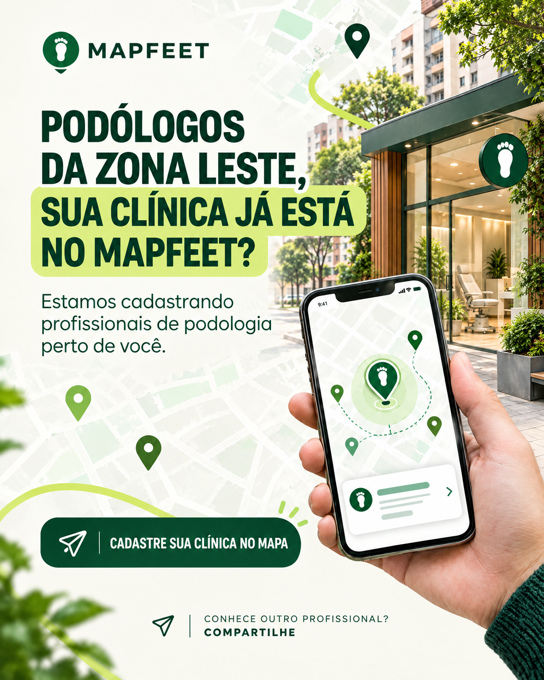 Podologistas da sua região: cadastre sua clínica no MapFeet e ajude pacientes a encontrar profissionais de podologia perto de você.