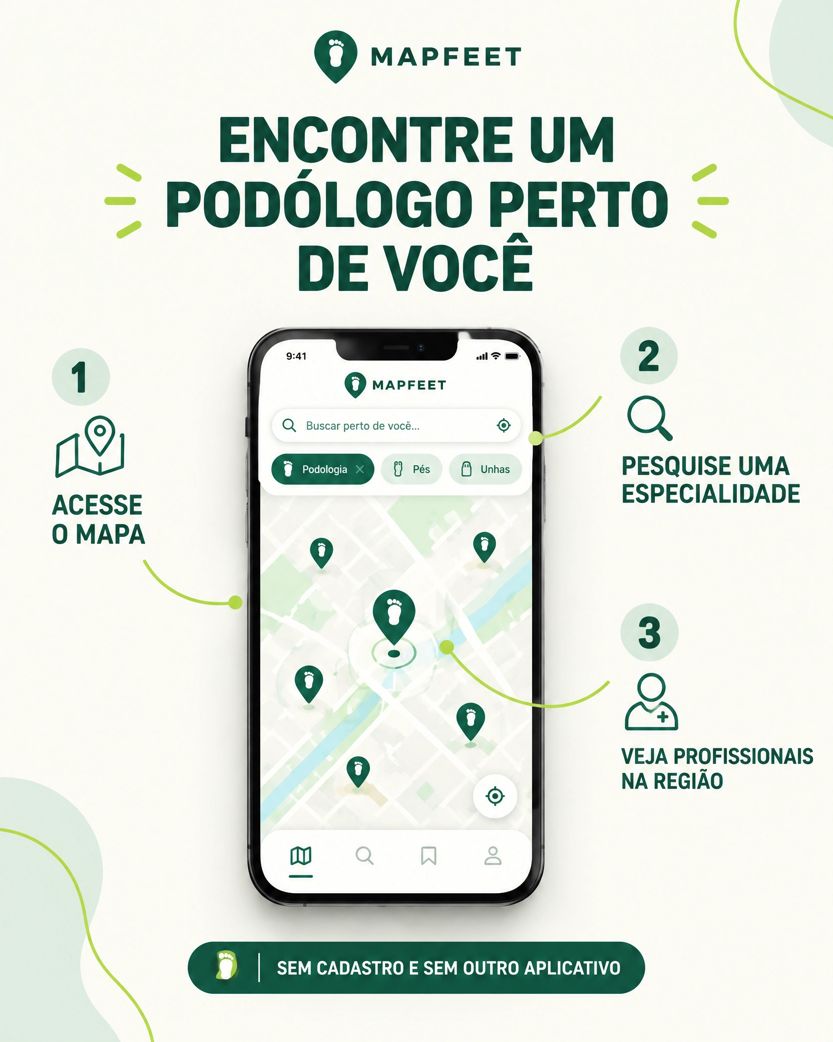 Encontre um podólogo perto de você: acesse o mapa, pesquise uma especialidade e veja profissionais na região, sem cadastro e sem outro aplicativo.